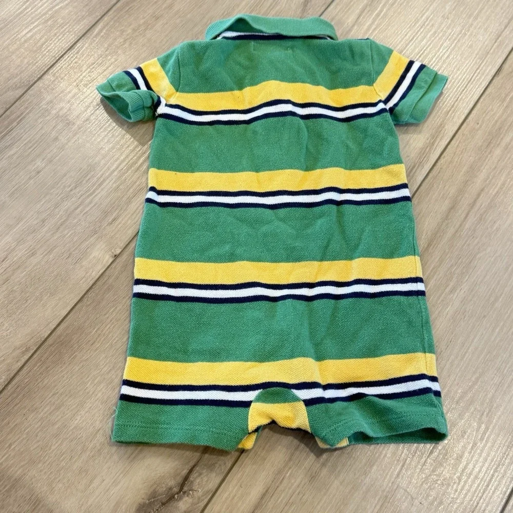 Ralph Lauren Romper Size 6 Month Green Stripe Preppy Short Sleeve Polo One-Piece